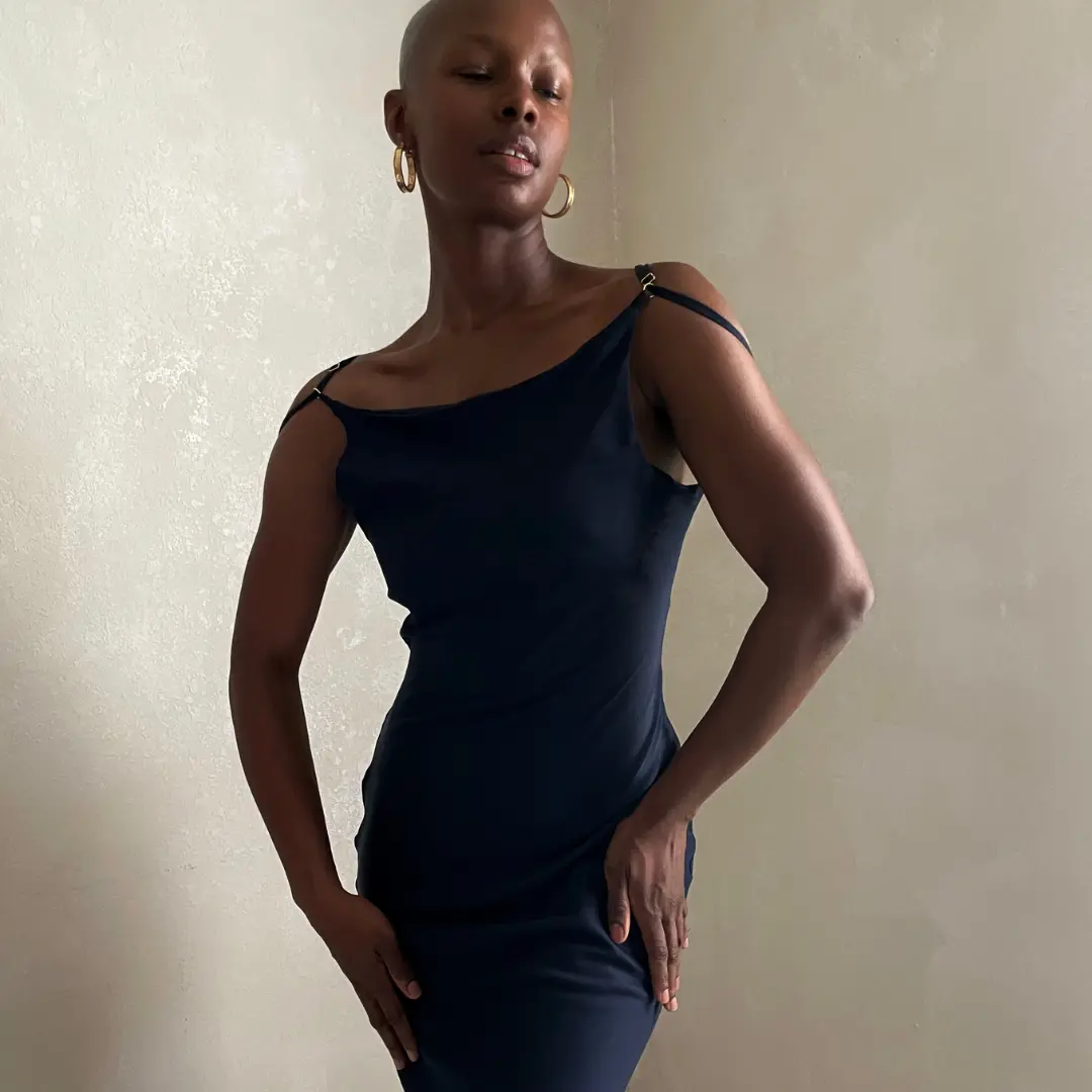 Ceres Monae Navy Blue Cowl Slip Dress