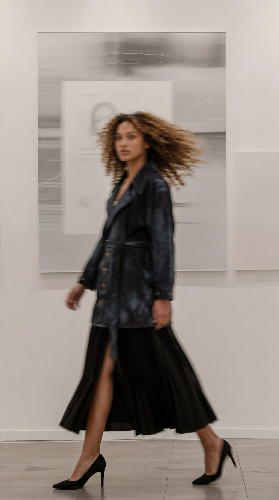 Model in motion wearing a one-of-one reworked dark wash denim jacket belted at the waist, paired with a black pleated midi skirt and classic black pumps, photographed in a white-walled gallery space