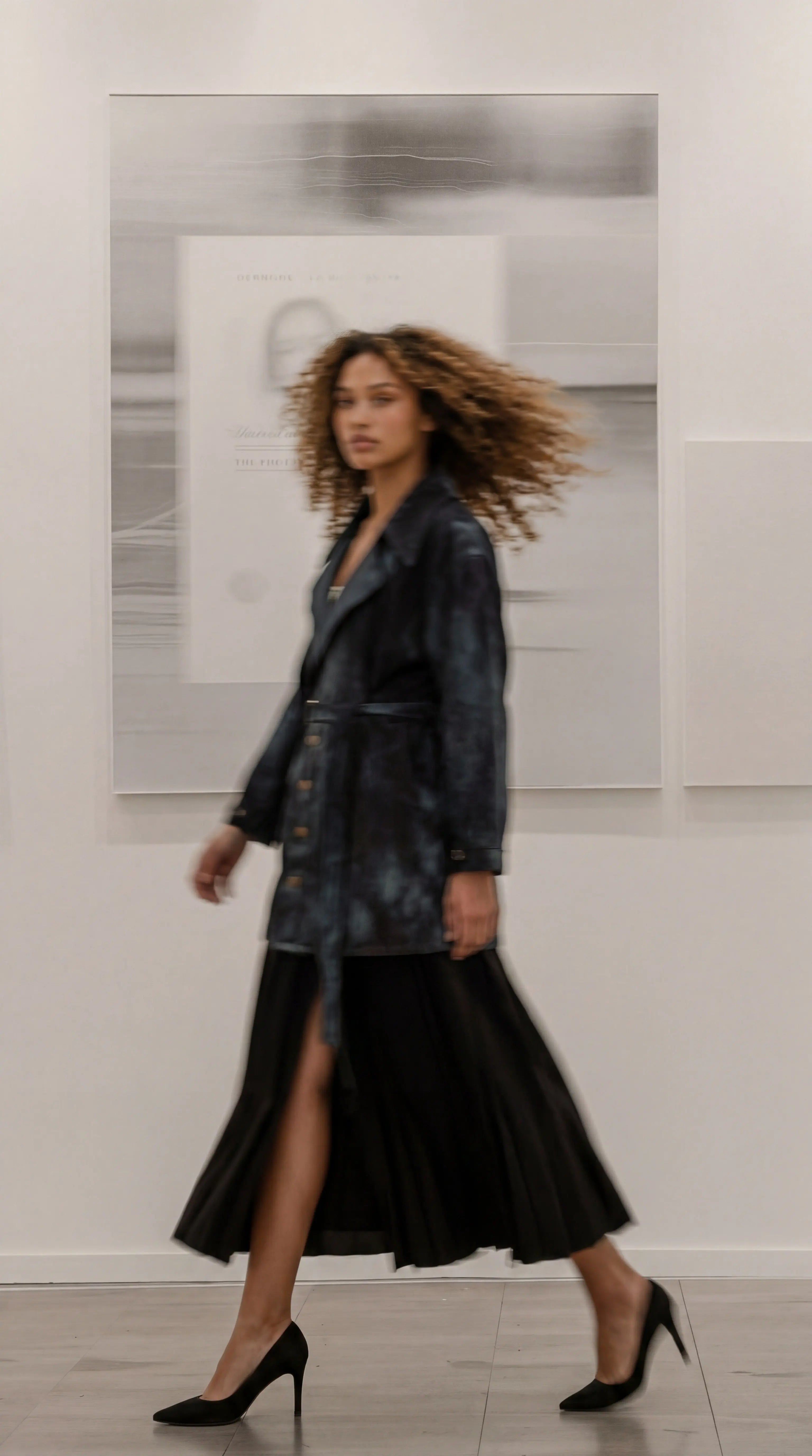 Model in motion wearing a one-of-one reworked dark wash denim jacket belted at the waist, paired with a black pleated midi skirt and classic black pumps, photographed in a white-walled gallery space