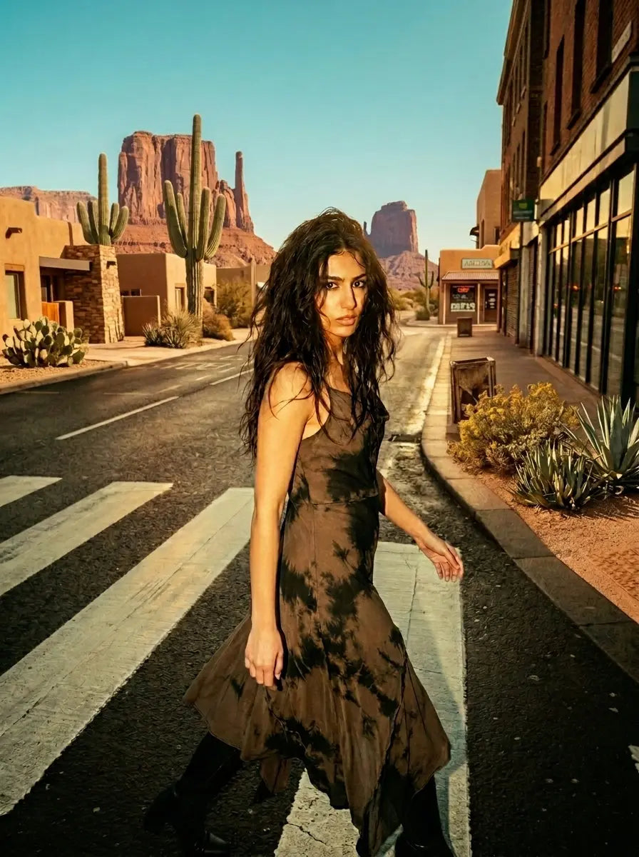 Woman in a dress standing on a street with Arizona desert landscape and cacti in the background -Ceres Monae