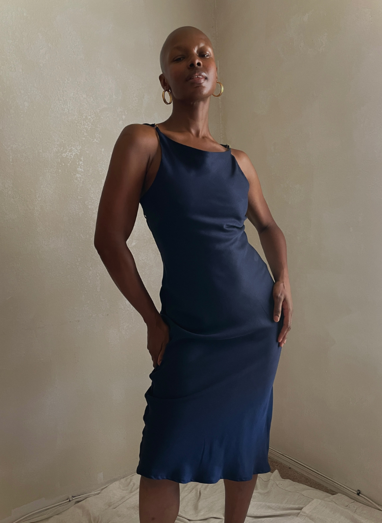 Ceres Monae Navy Blue Cowl Slip Dress