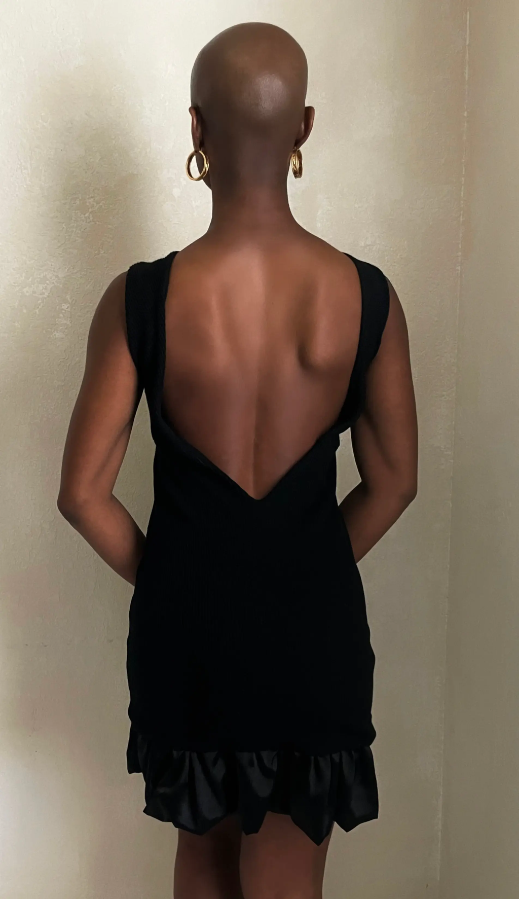Black Rib Knit | Cotton Rib Knit | Satin trim dress | Artisanal Made| Back View